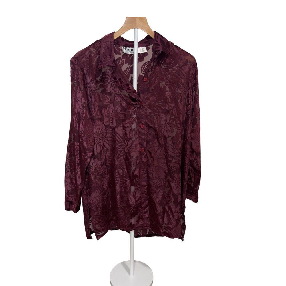 Main Street Womens Burgundy Floral Burnout Velvet Button Up Blouse Long Sleeve L